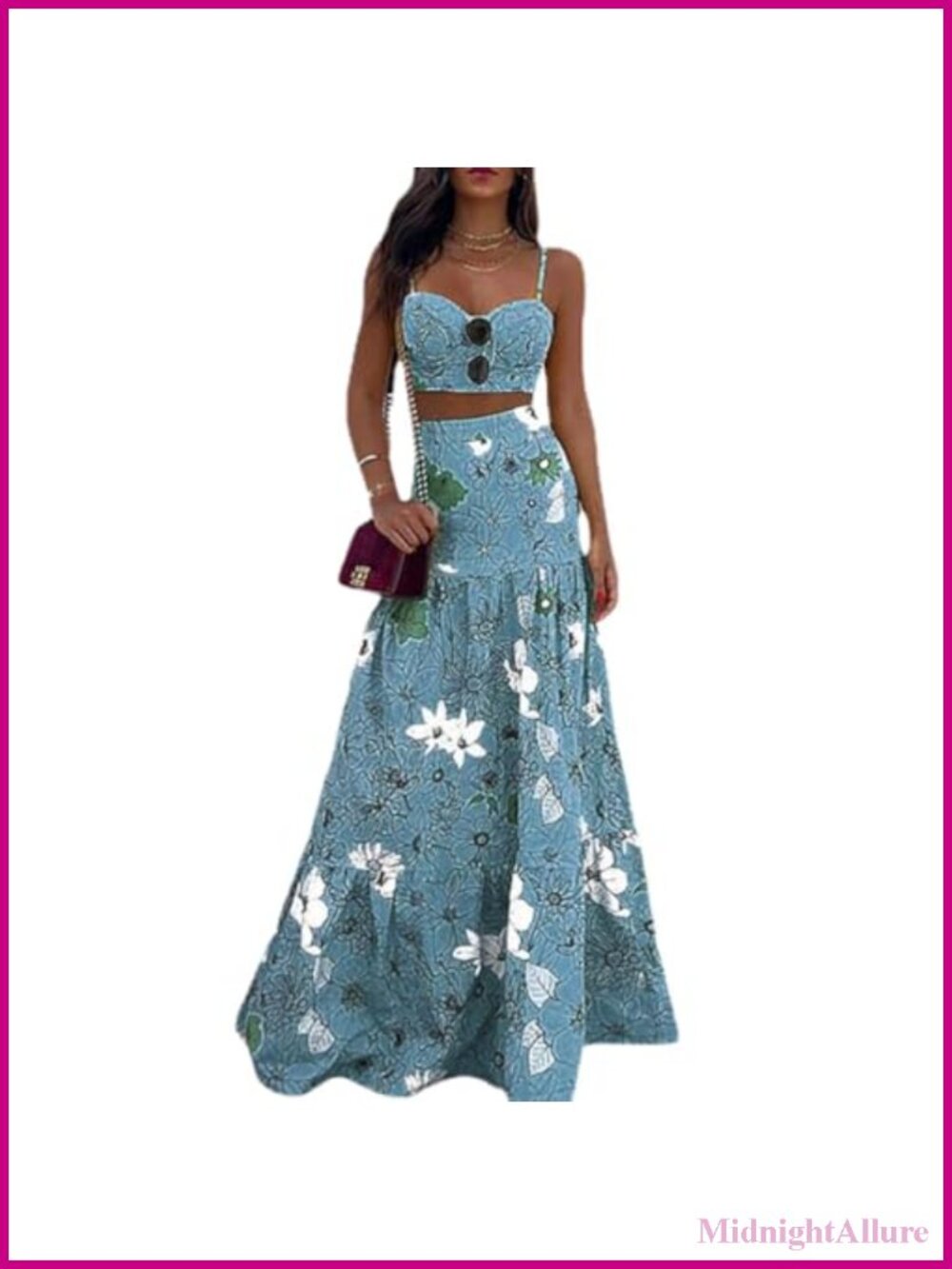 2 Piece Floral Skirt Set Sleeveless Camisole Maxi Pleated Skirt Summer Outfit